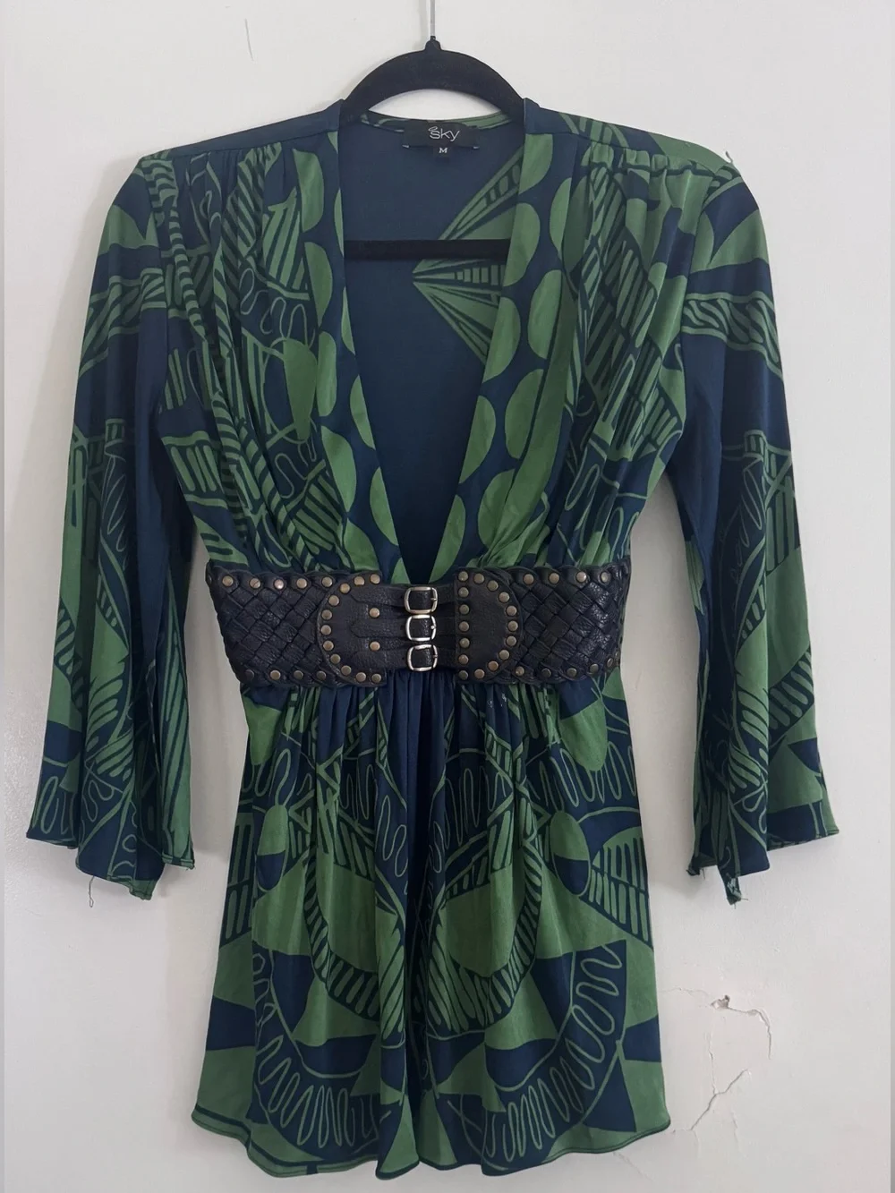 VINTAGE Rare Sky Brand Y2K Plunge Kimono Blouse Top with Studded Belt M - Picture 2 of 9